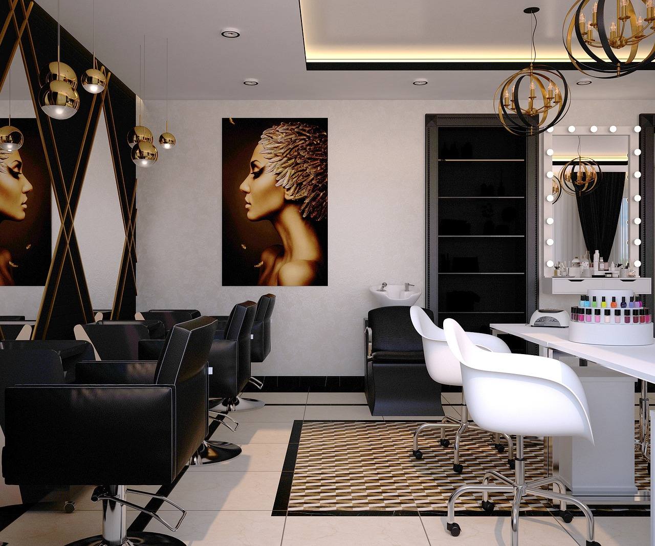 Intérieur élégant d'un salon de coiffure, fauteuils noirs et luminaires dorés